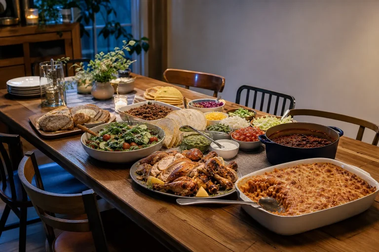 Buffet-style group dinner for eight to ten with baked pasta, roast chicken, salad, bread, taco toppings, and chili.