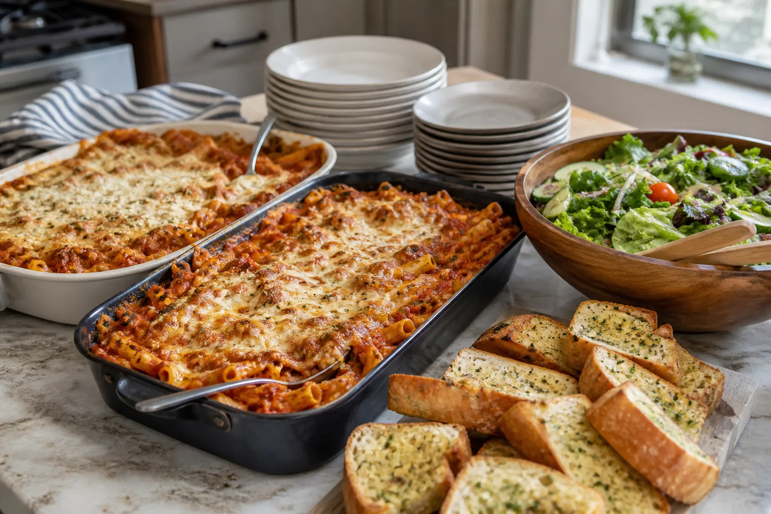 Two pans of baked pasta with garlic bread, a large green salad, and stacked plates for a group.