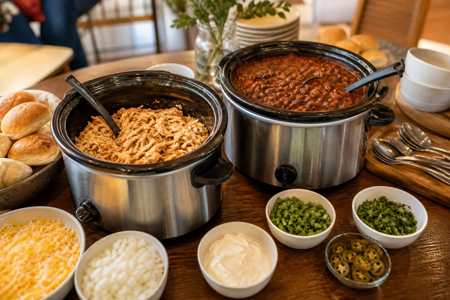 Two slow cookers with shredded chicken and beef chili, surrounded by toppings, rolls, bowls, and ladles.