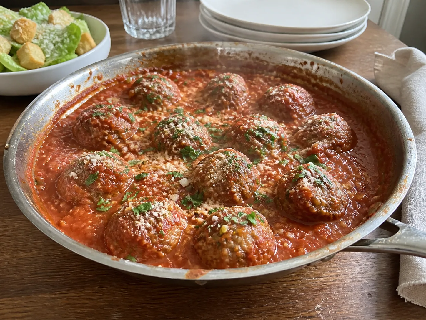 Homemade lean ground beef meatballs simmering in rustic tomato marinara in an everyday skillet.