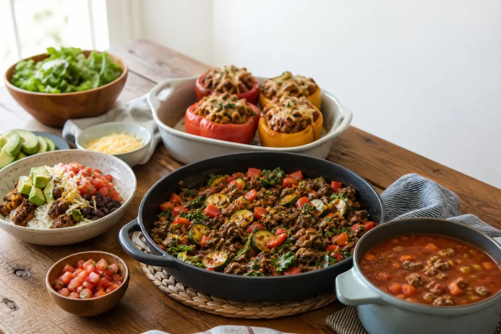 Healthy ground beef dinner spread with a vegetable skillet, taco bowl, stuffed peppers, and tomato-beef soup.