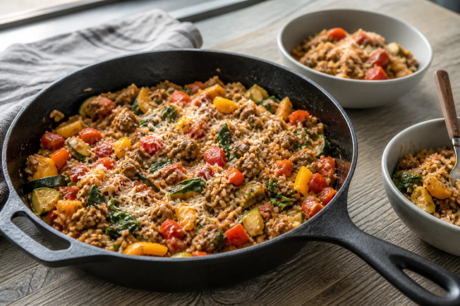 Lean ground beef skillet with zucchini, bell peppers, spinach, tomatoes, brown rice, and a light cheese garnish.