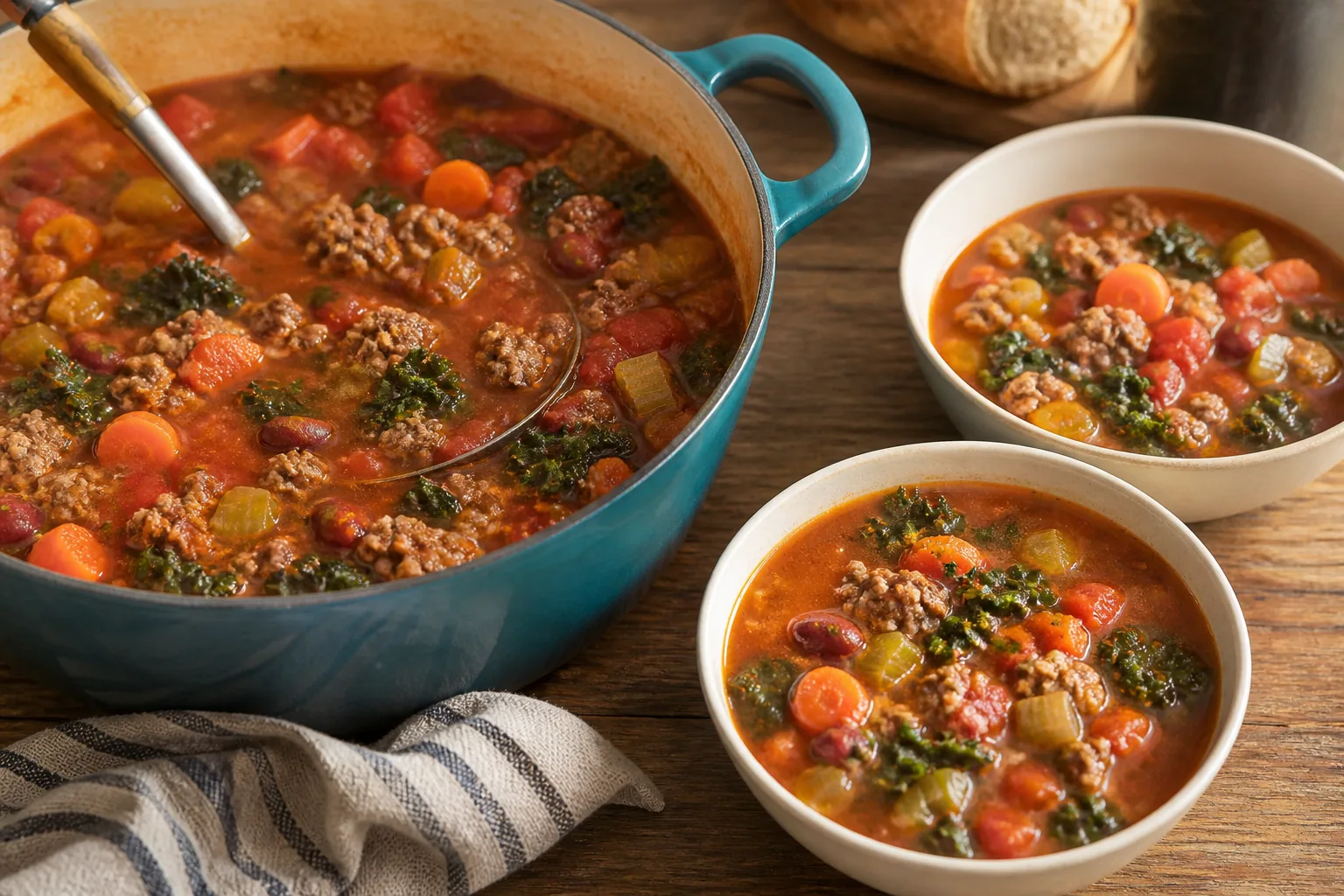 Tomato-based ground beef soup with beans, carrots, celery, and kale served beside the pot.