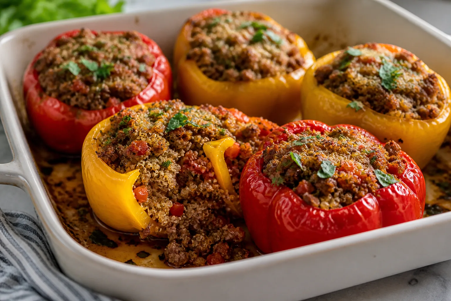 Bell peppers stuffed with lean ground beef, quinoa, tomatoes, and herbs in a casserole dish.