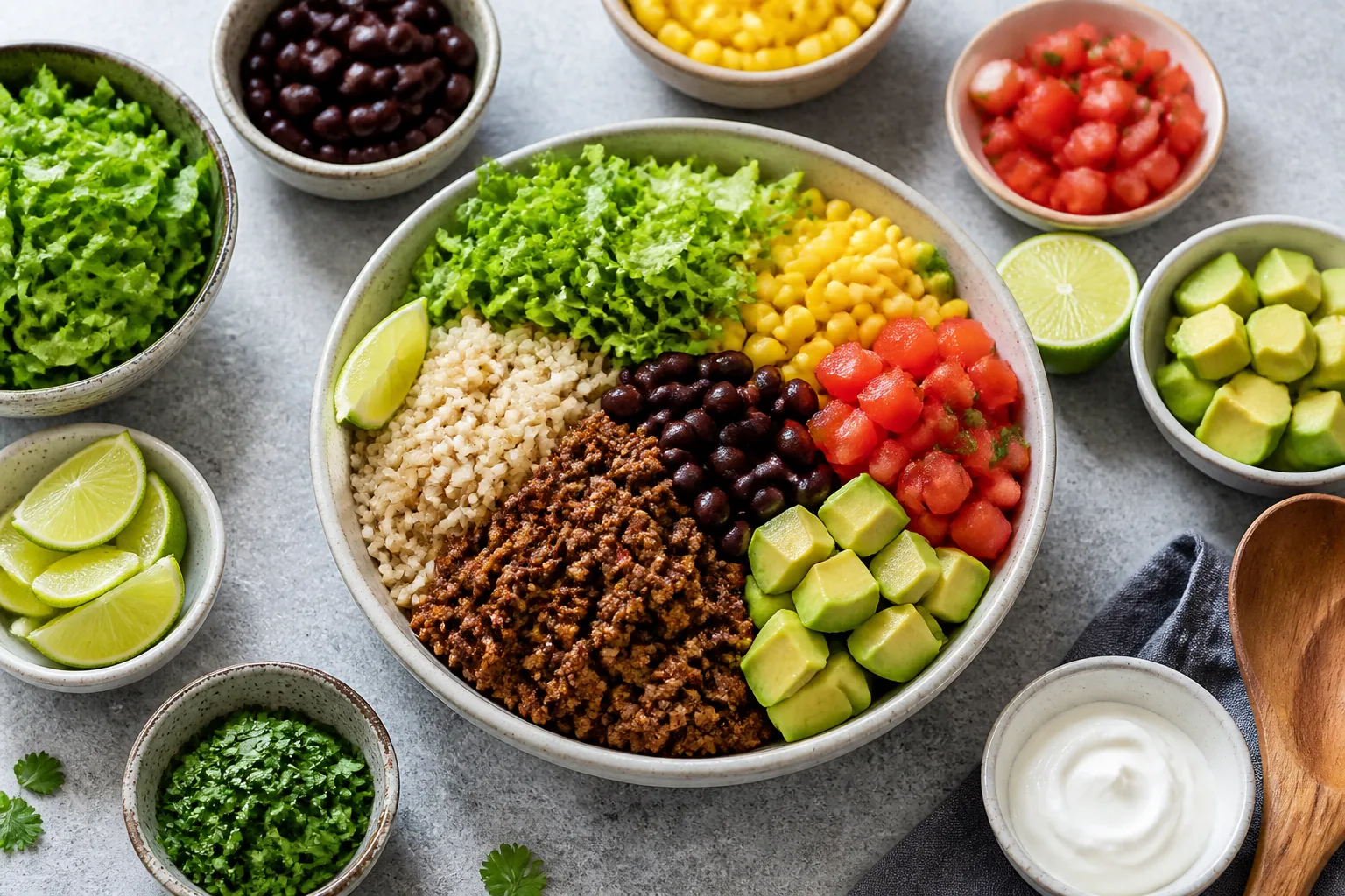 Taco bowl with lean ground beef, brown rice, black beans, lettuce, corn, tomatoes, avocado, and lime.