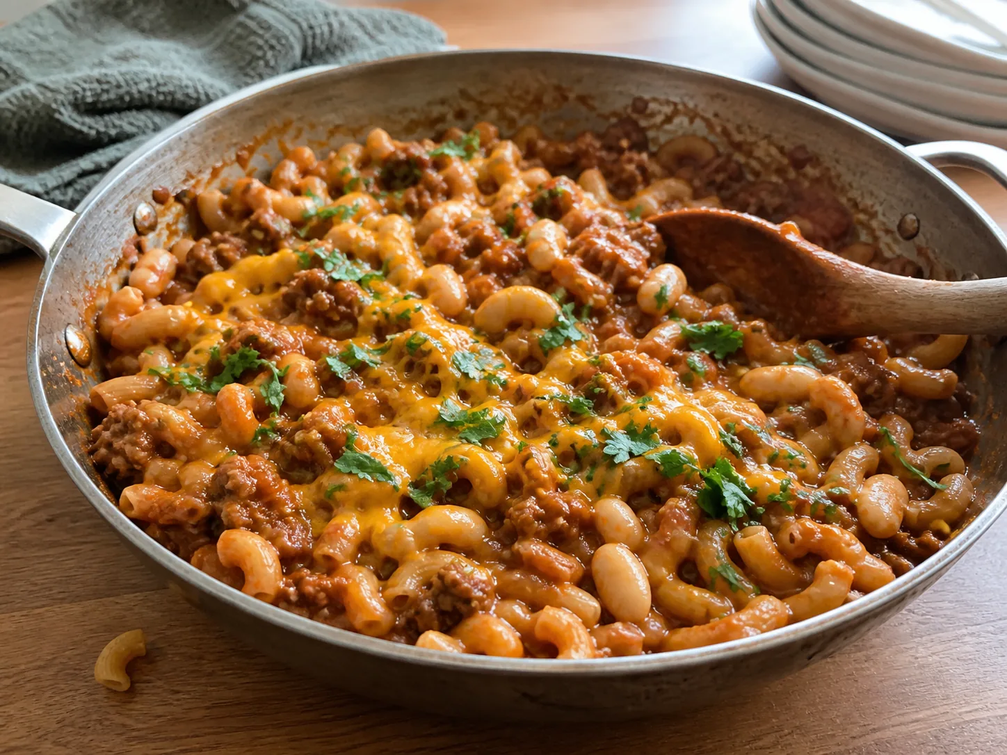 Tomato-rich lean ground beef pasta skillet with butter beans, moderate cheddar, and parsley.