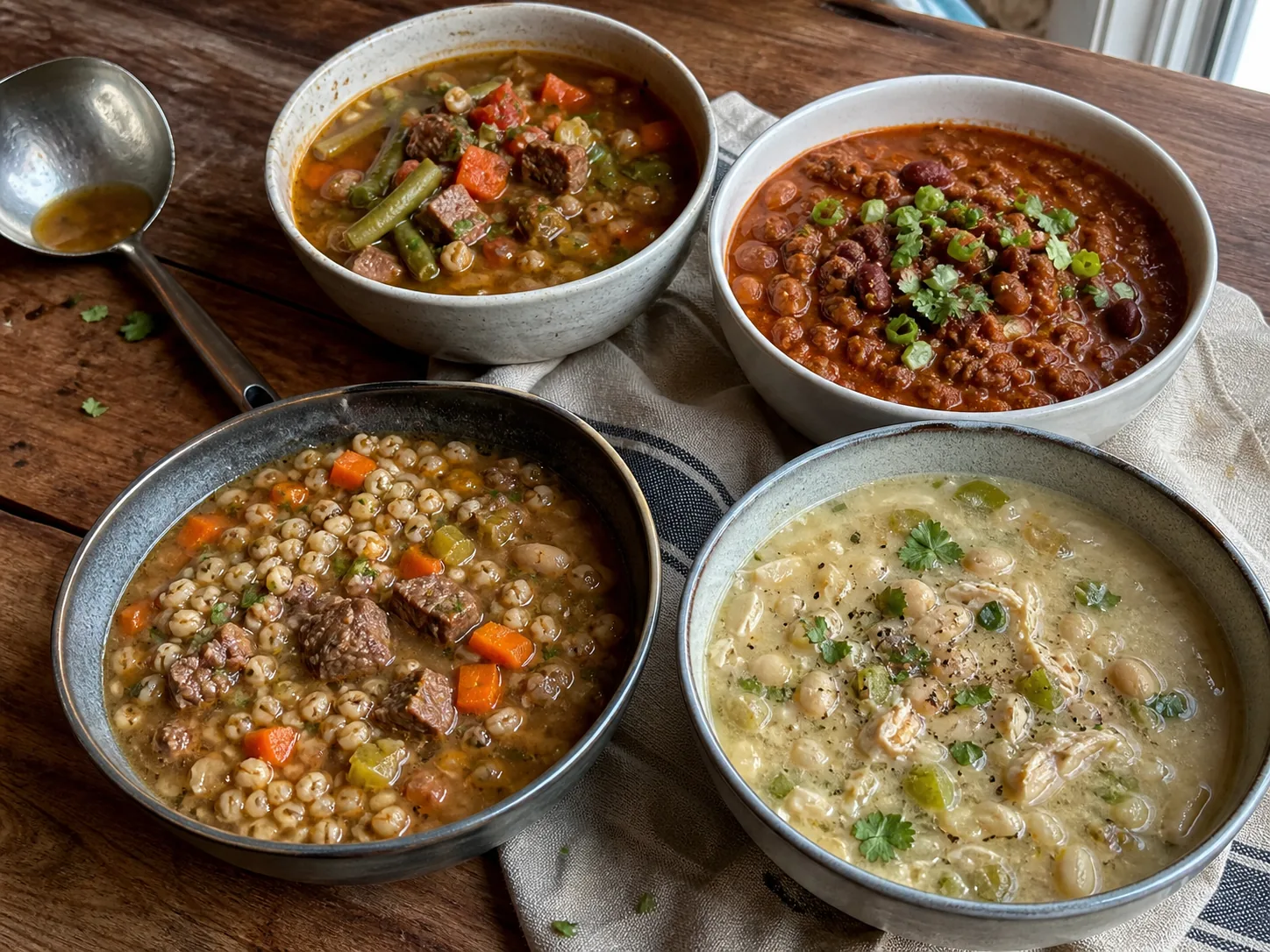 Beef barley, vegetable beef, ground beef chili, and white chicken chili in four bowls.