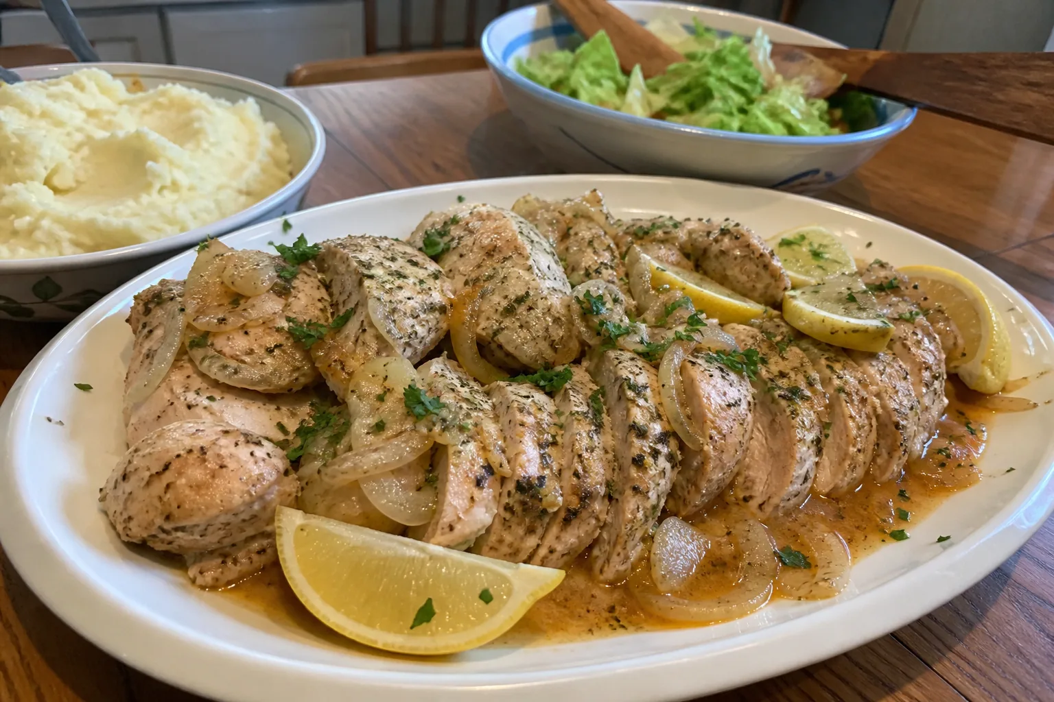 Herby garlic crockpot chicken breast on a serving platter