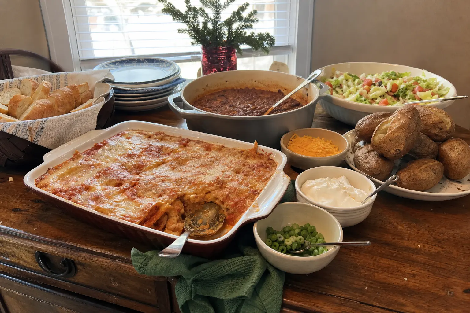 Casual holiday buffet with lasagna, chili, baked potatoes, salad, bread, and toppings for a crowd