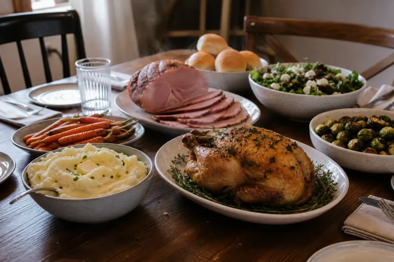 Holiday dinner table with roast chicken, glazed ham, mashed potatoes, winter vegetables, salad, and rolls