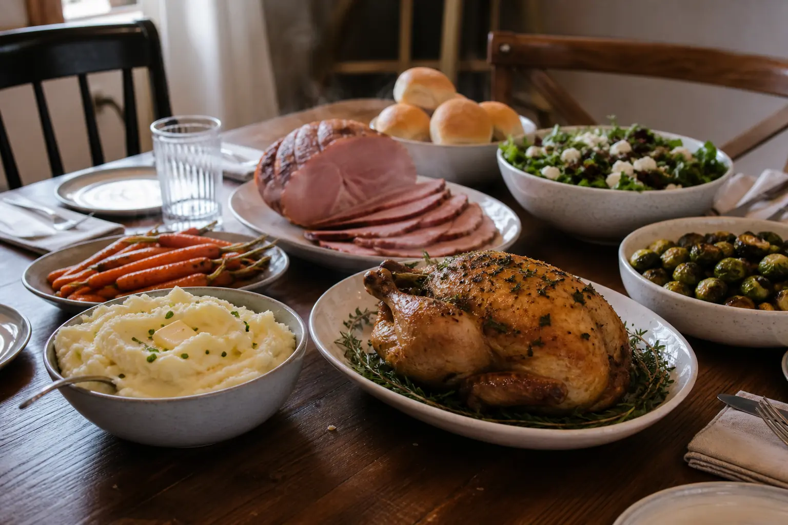 Holiday dinner table with roast chicken, glazed ham, mashed potatoes, winter vegetables, salad, and rolls
