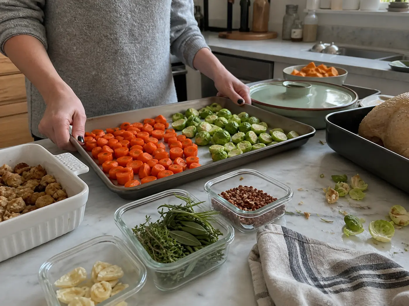 Home cook arranging sheet pans, serving dishes, and prepared holiday dinner ingredients on a kitchen counter