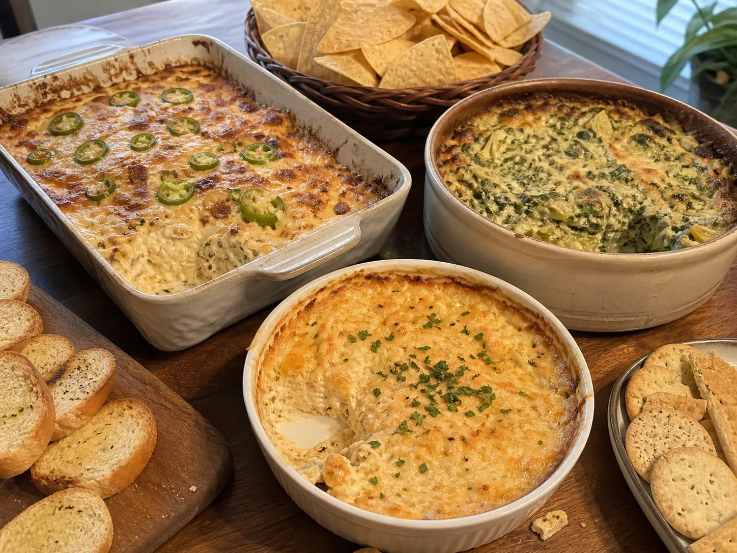 Jalapeno popper, spinach artichoke, and hot crab cream cheese dips with chips, toast, and crackers.