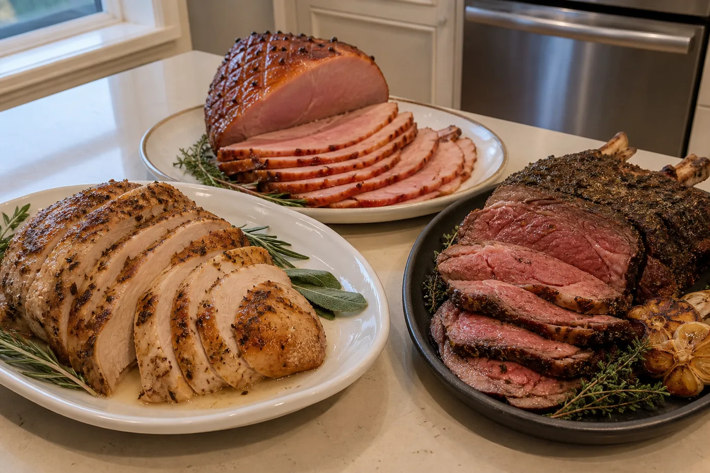 Herb roast turkey, glazed ham, and garlic-crusted rib roast for a low-carb Thanksgiving dinner