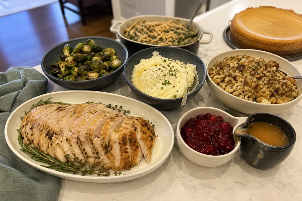 Keto Thanksgiving dinner with sliced turkey, cauliflower mash, stuffing, Brussels sprouts, green beans, cranberry sauce, and pumpkin cheesecake