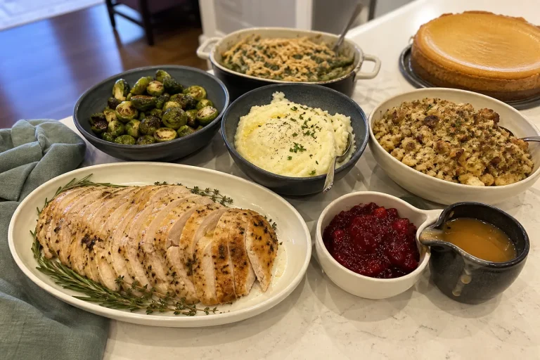 Keto Thanksgiving dinner with sliced turkey, cauliflower mash, stuffing, Brussels sprouts, green beans, cranberry sauce, and pumpkin cheesecake