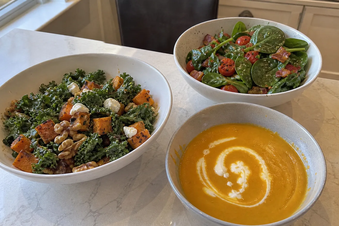 Butternut kale salad, creamy chipotle pumpkin soup, and warm spinach bacon salad for Thanksgiving