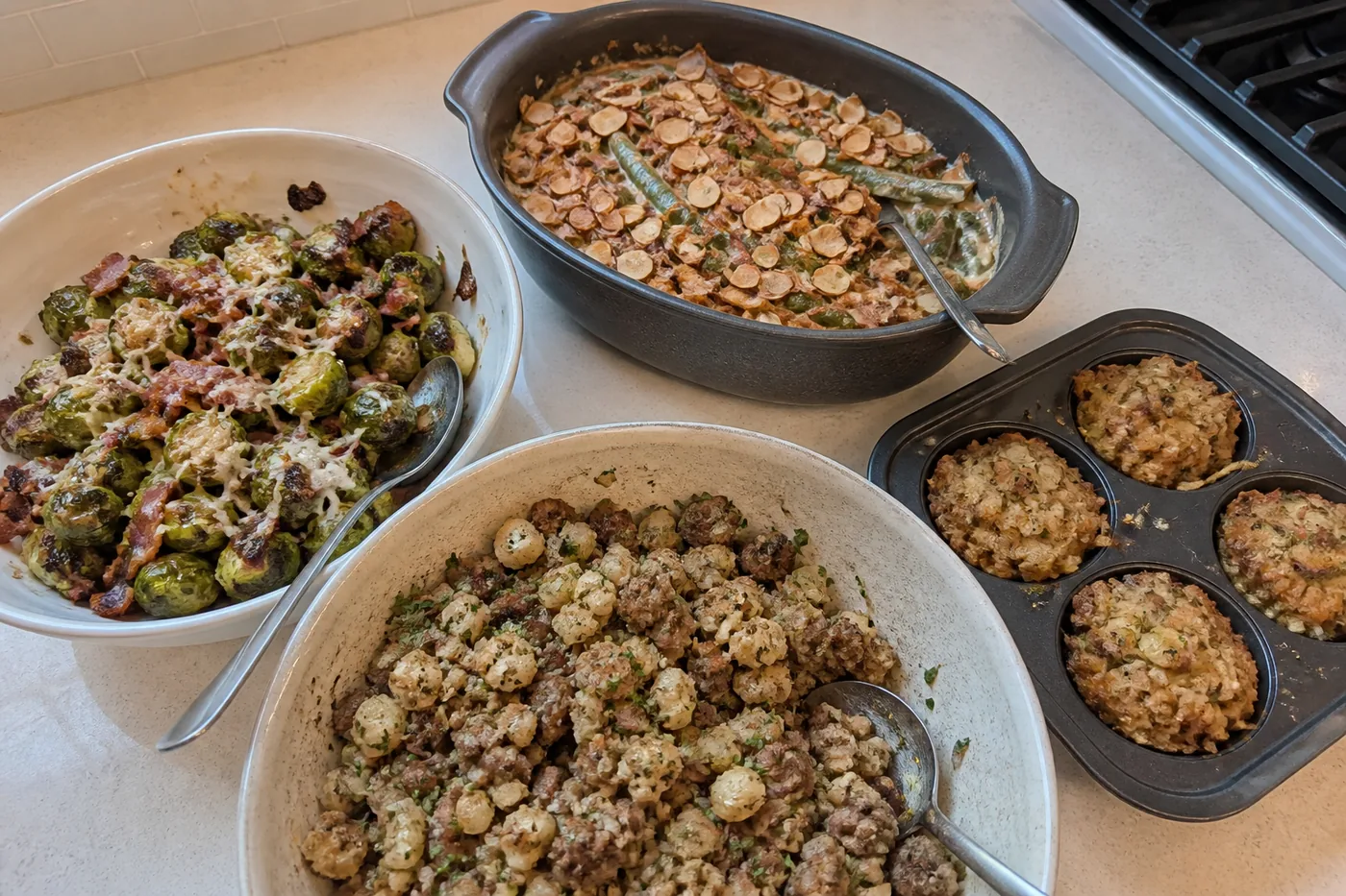 Roasted Brussels sprouts, keto green bean casserole, cauliflower stuffing, and stuffing muffins for Thanksgiving