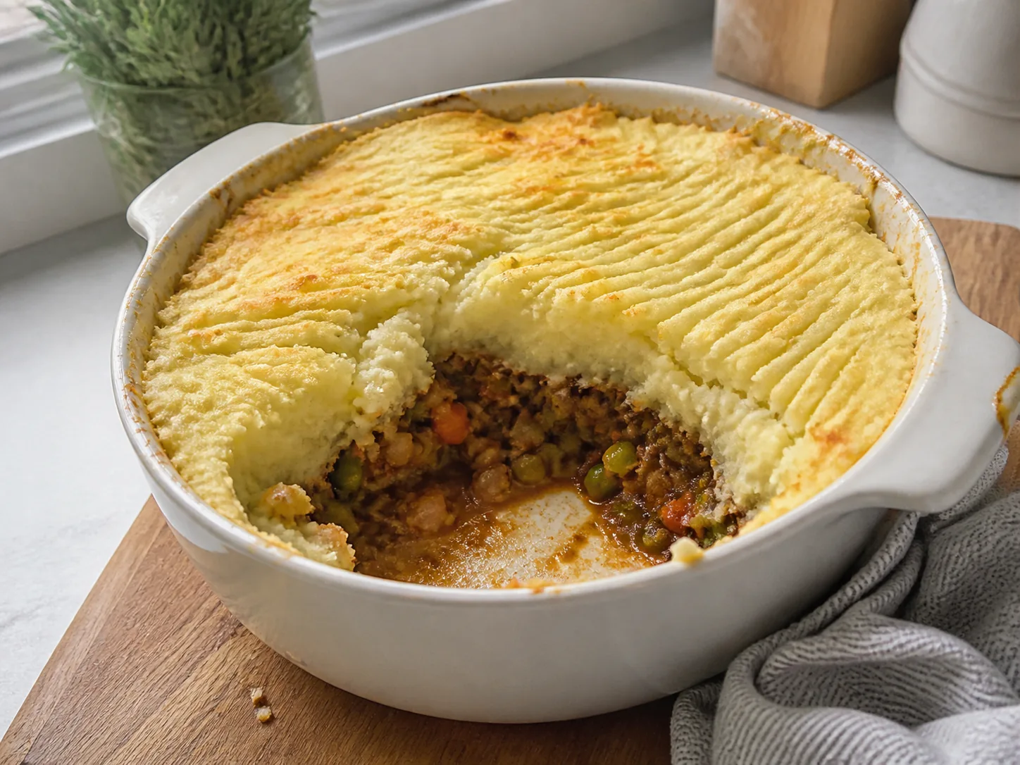 Rustic cottage pie with lean ground beef, peas, carrots, and fork-textured mashed potatoes.