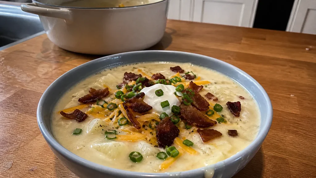 Creamy loaded baked potato soup topped with bacon, cheddar, sour cream, and chives