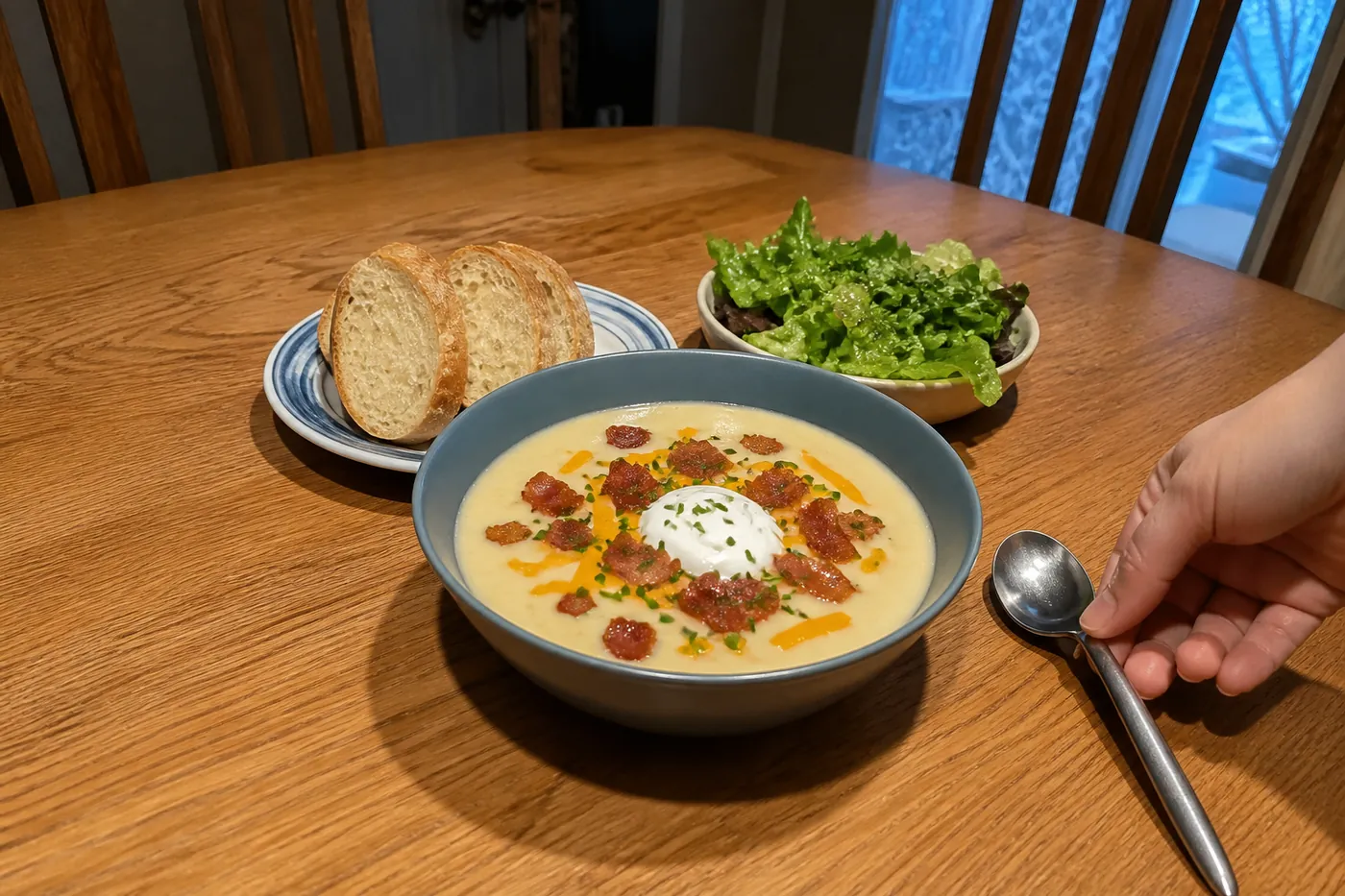 Loaded baked potato soup served with bacon, cheddar, chives, bread, and a simple salad