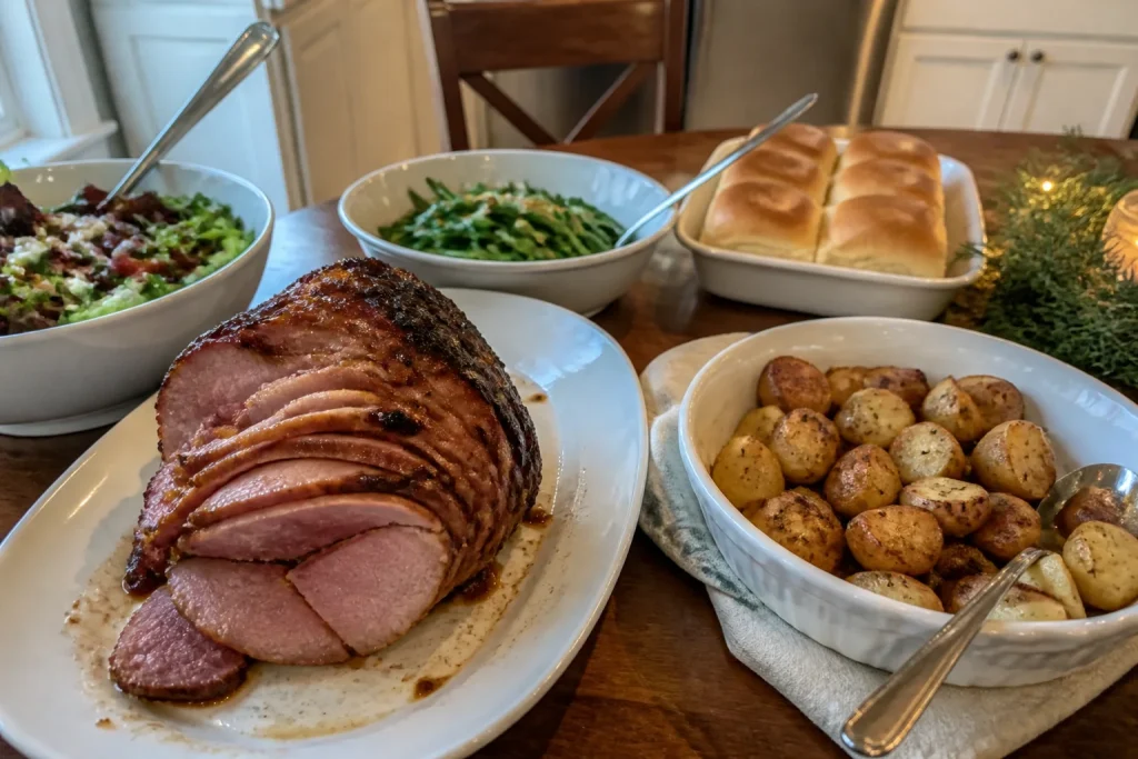 Make-ahead Christmas dinner with glazed ham, roasted potatoes, green beans, rolls, and salad on a home dining table.