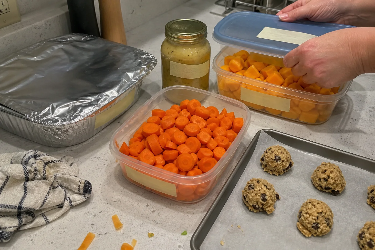 Make-ahead Christmas dinner prep with a covered potato casserole, chopped vegetables, salad dressing, and cookie dough in containers.