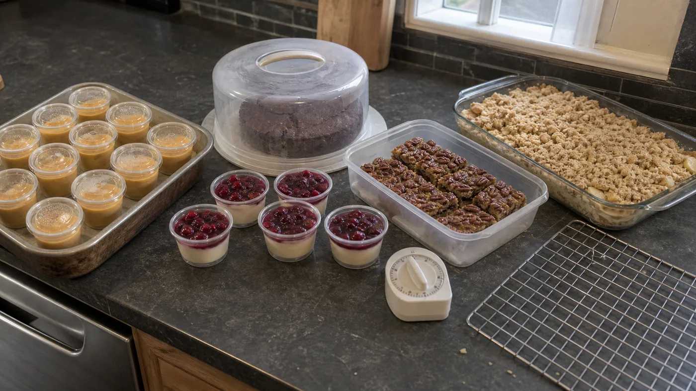 Pumpkin mousse cups, covered flourless chocolate cake, chilled panna cotta, pecan bars, and apple crisp prepared ahead for Thanksgiving.
