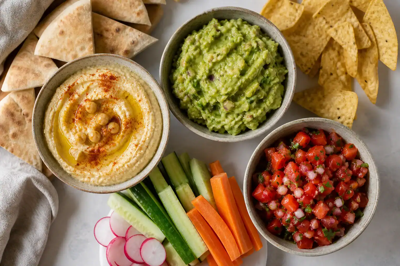 Hummus, guacamole, and fresh tomato salsa served with pita, tortilla chips, cucumber, carrots, and radishes.