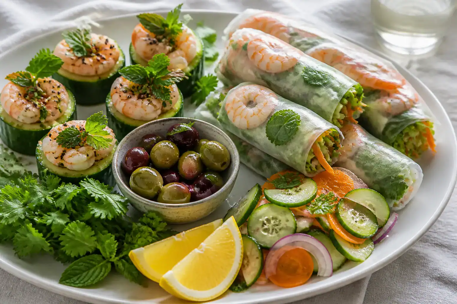 Shrimp cucumber bites, fresh rolls, marinated olives, quick pickles, lemon, and herbs on a party platter.