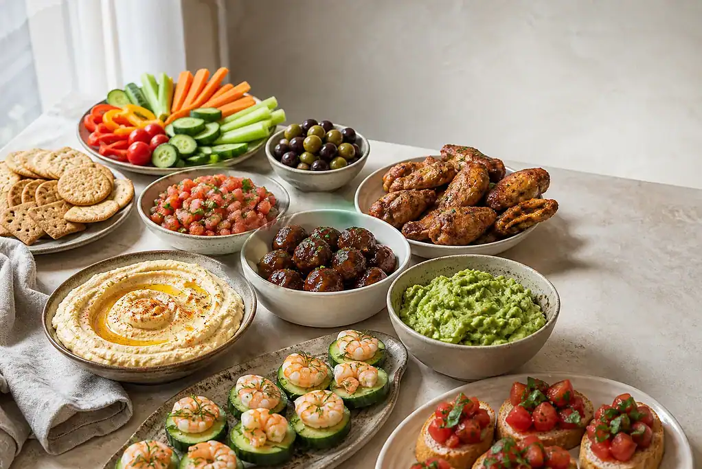 No-cheese appetizer spread with hummus, guacamole, salsa, wings, meatballs, shrimp cucumber bites, vegetables, olives, crackers, and bruschetta.