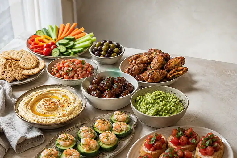 No-cheese appetizer spread with hummus, guacamole, salsa, wings, meatballs, shrimp cucumber bites, vegetables, olives, crackers, and bruschetta.