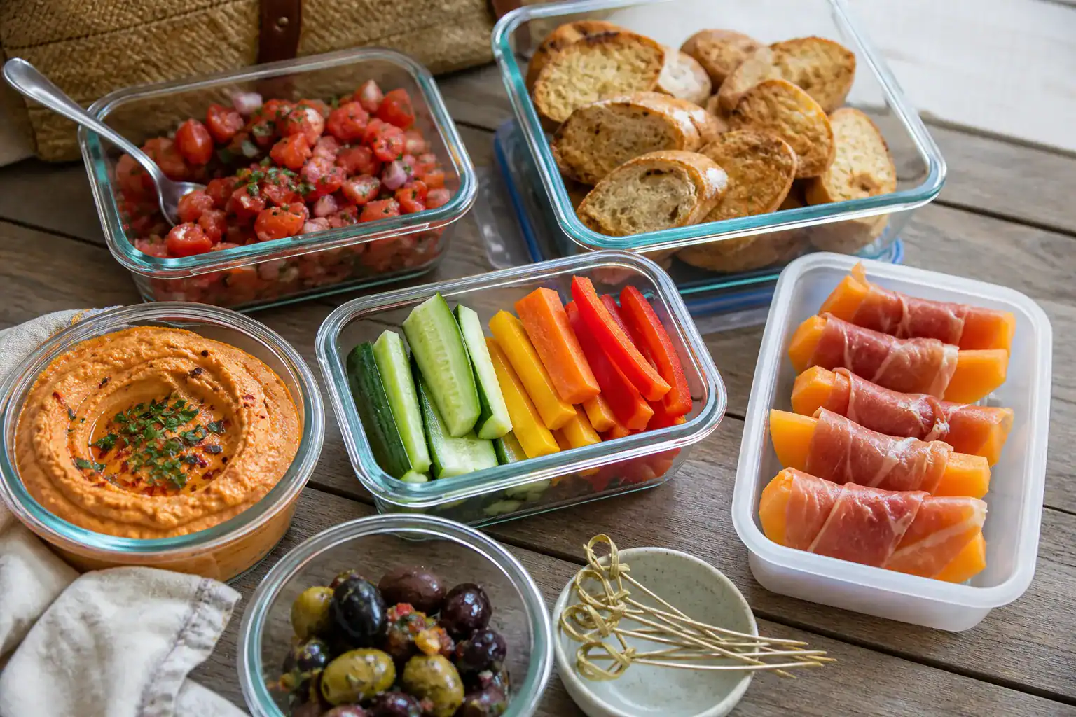 Bruschetta topping, toasted baguette, roasted red pepper hummus, vegetables, olives, and prosciutto-wrapped melon packed for travel.