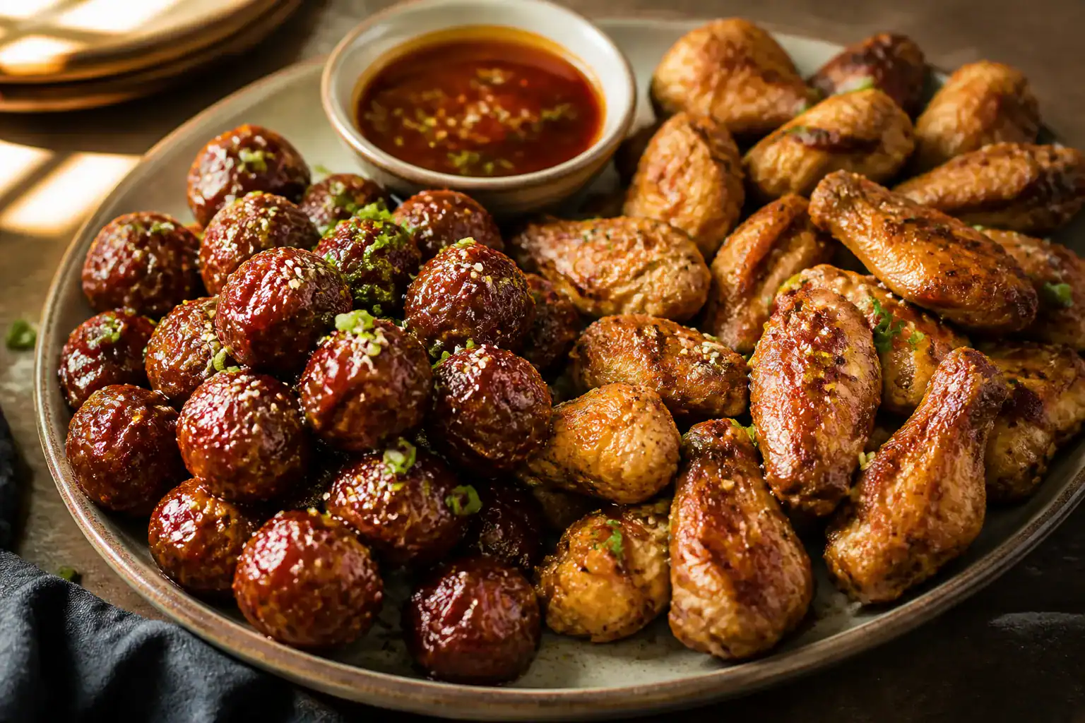 Crispy chicken wings and glazed cocktail meatballs with a dairy-free dipping sauce.