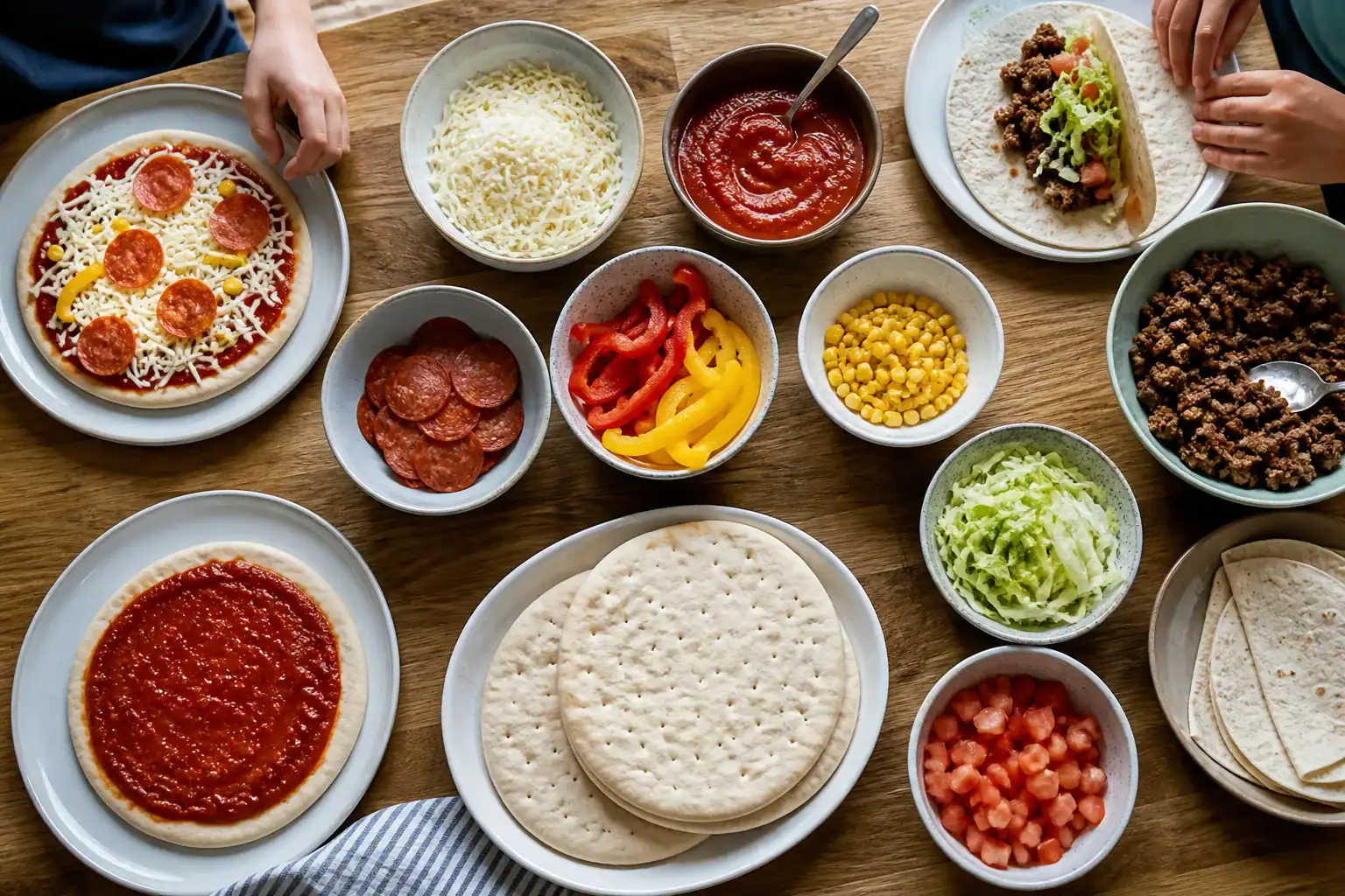 Mini pizza and taco ingredients arranged separately for a build-your-own family dinner.