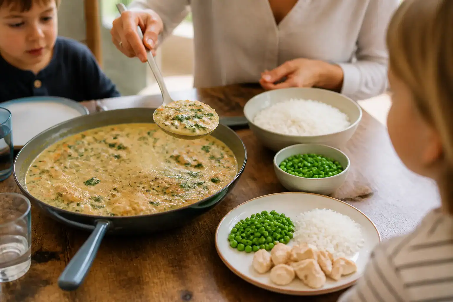 Mild creamy chicken and vegetable skillet served with rice, peas, and plain chicken kept separately.