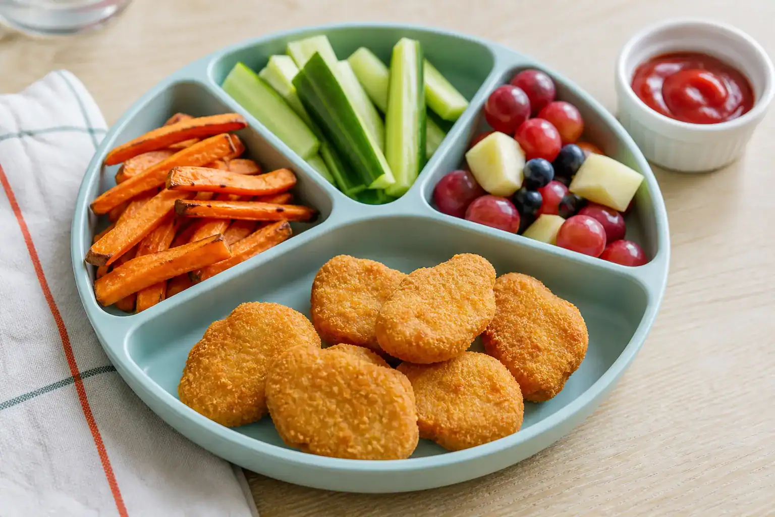 Baked chicken nuggets, sweet potato fries, cucumber sticks, fruit, and ketchup on a divided plate.