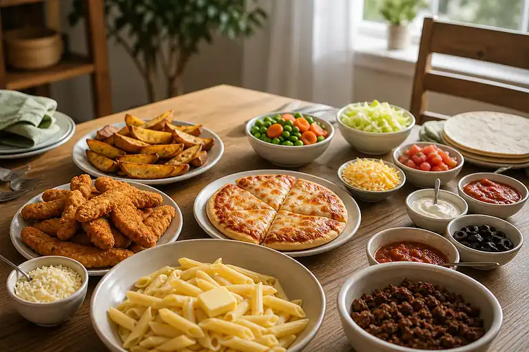 Family-style table with buttered pasta, baked chicken tenders, potato wedges, mini pizza, vegetables, and taco toppings served separately.