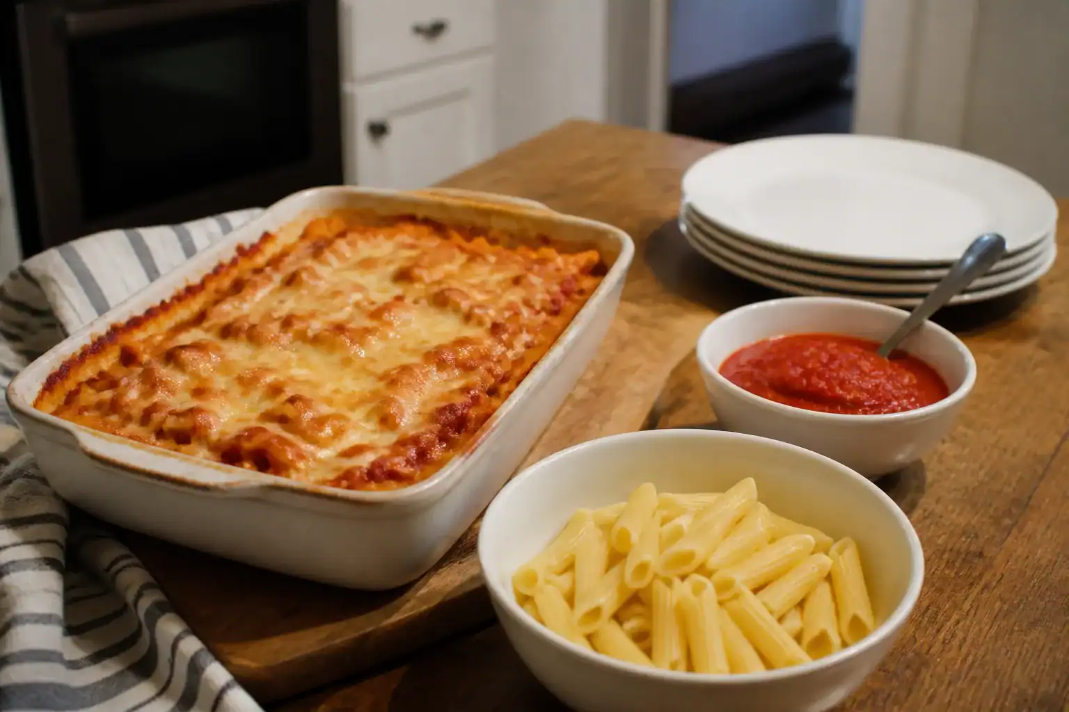 Baked pasta casserole with plain pasta and mild tomato sauce served separately.
