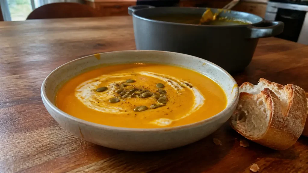 Silky pumpkin soup with coconut milk, toasted pepitas, black pepper, and crusty bread