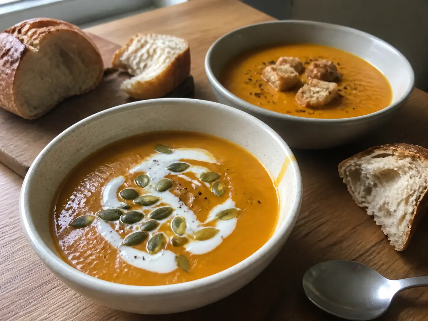 Two bowls of pumpkin soup topped with coconut milk, pepitas, croutons, and black pepper