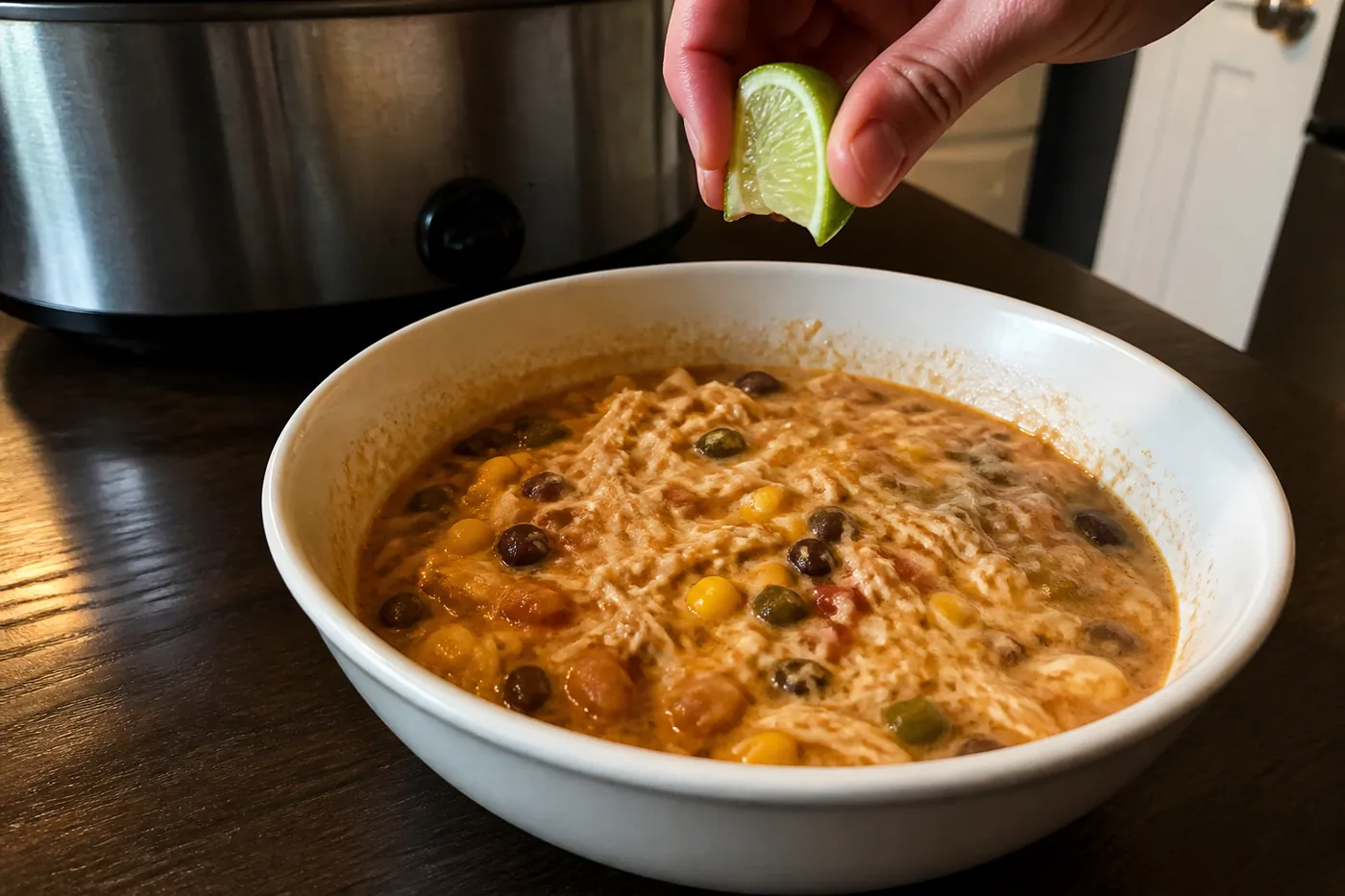 Slow cooker queso chicken chili with shredded chicken, corn, beans, and jalapeño.