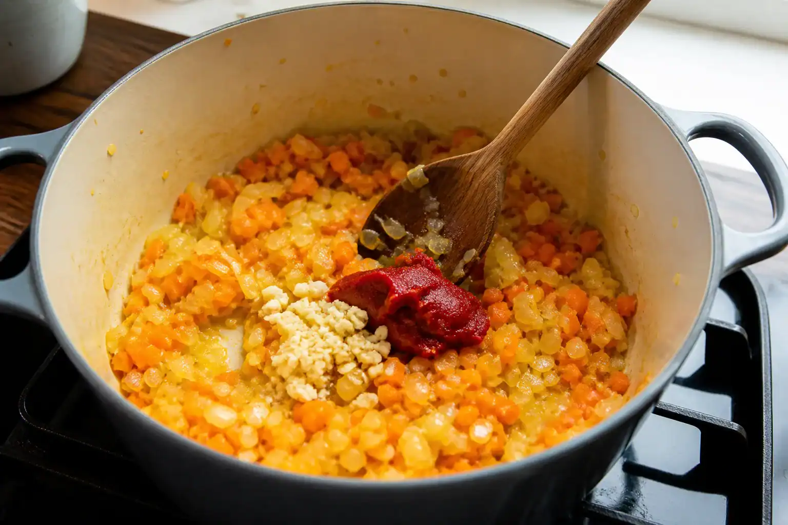 Onion and carrot softening with garlic and tomato paste in a Dutch oven.