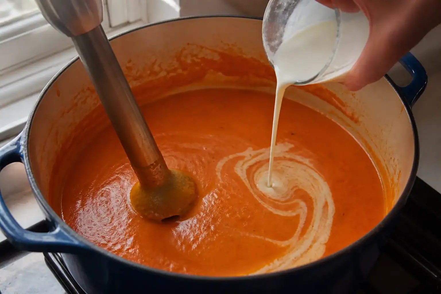 Heavy cream being stirred into blended roasted red pepper soup beside an immersion blender.