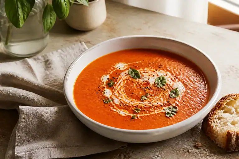 Creamy roasted red pepper soup topped with a swirl of cream, basil, and black pepper.