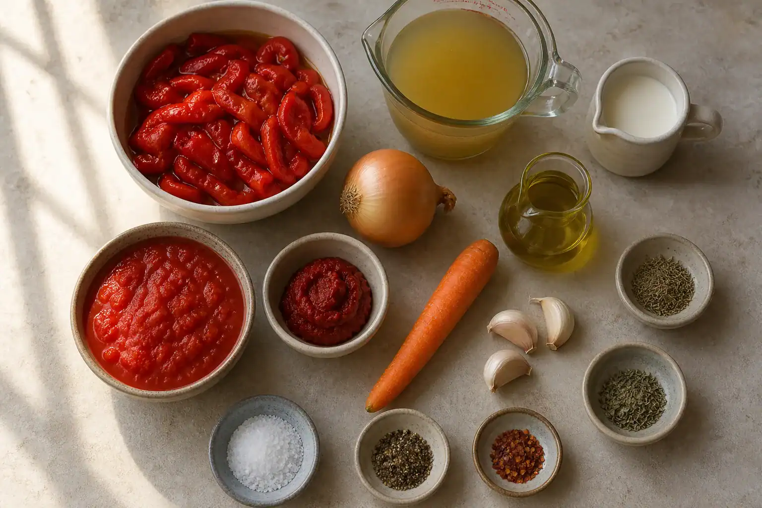 Roasted red peppers, onion, carrot, garlic, tomato paste, crushed tomatoes, broth, cream, oil, and seasonings.