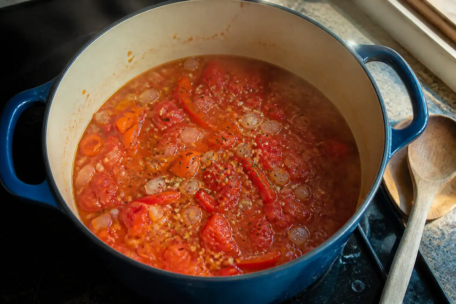 Roasted red peppers, tomatoes, broth, onion, carrot, and herbs simmering in a Dutch oven.