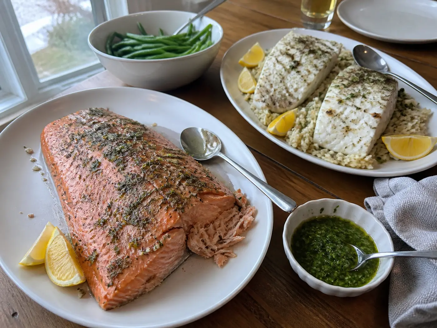 Roasted salmon and lemon herb halibut served with green beans and herbed rice for a holiday dinner