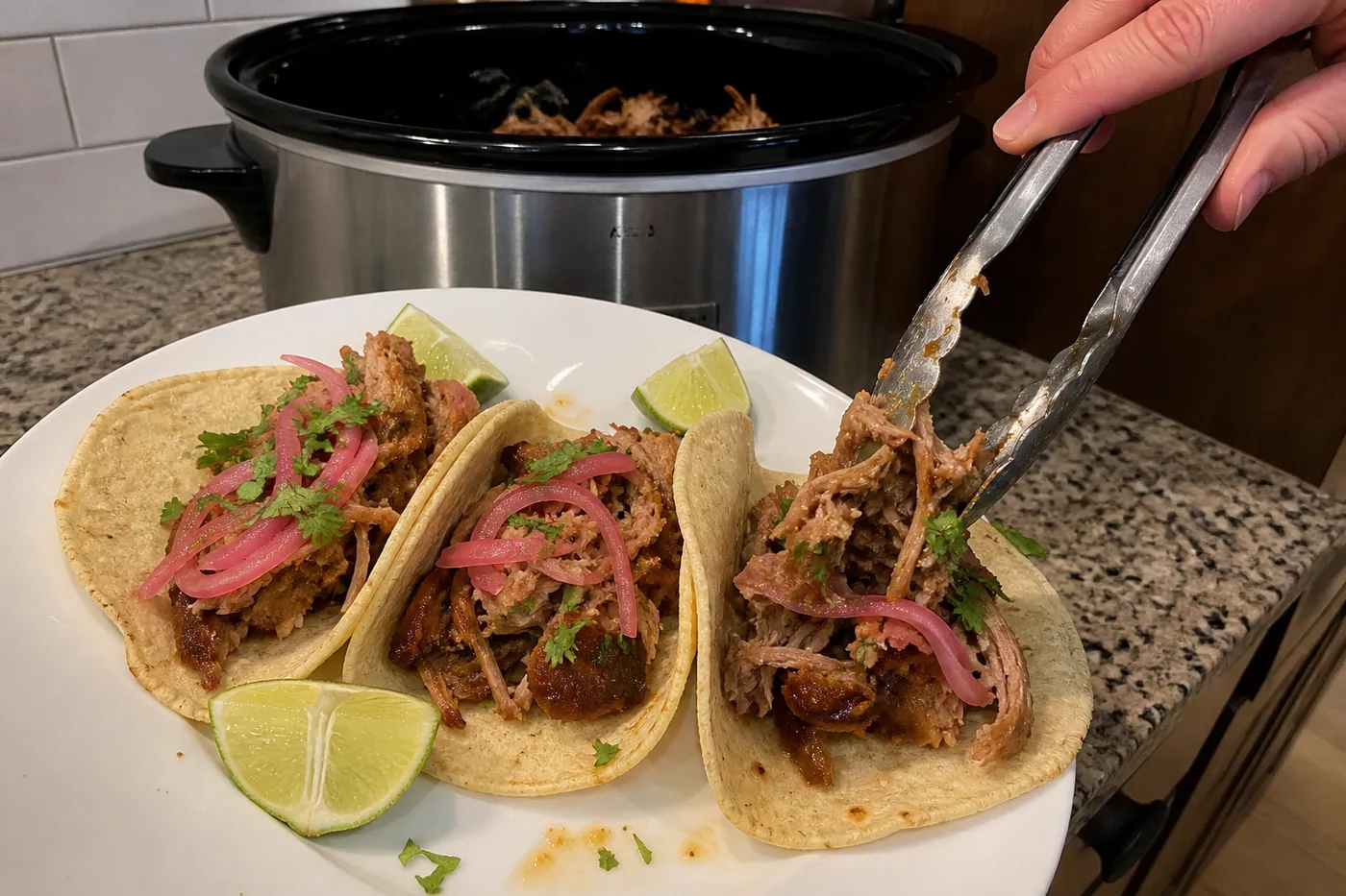Slow cooker carnitas with crisp edges, pickled onions, cilantro, and lime in corn tortillas.