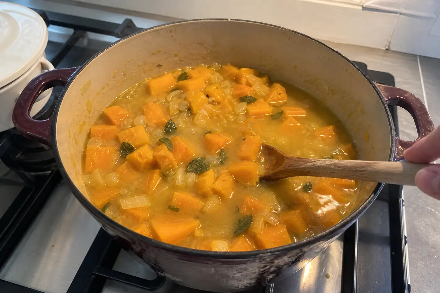 Butternut squash cubes simmering with onion, garlic, sage, and broth in a Dutch oven